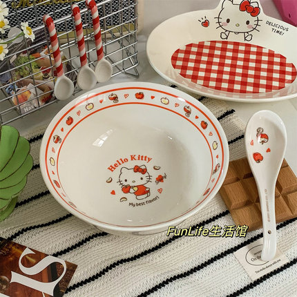 FunLife生活馆 可爱卡通hellokitty陶瓷汤碗面碗沙拉碗水果碗含勺