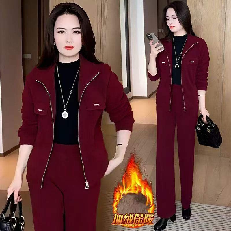 韩版时尚妈妈装加绒保暖运动服套装2025秋冬季新款大码宽松两件套