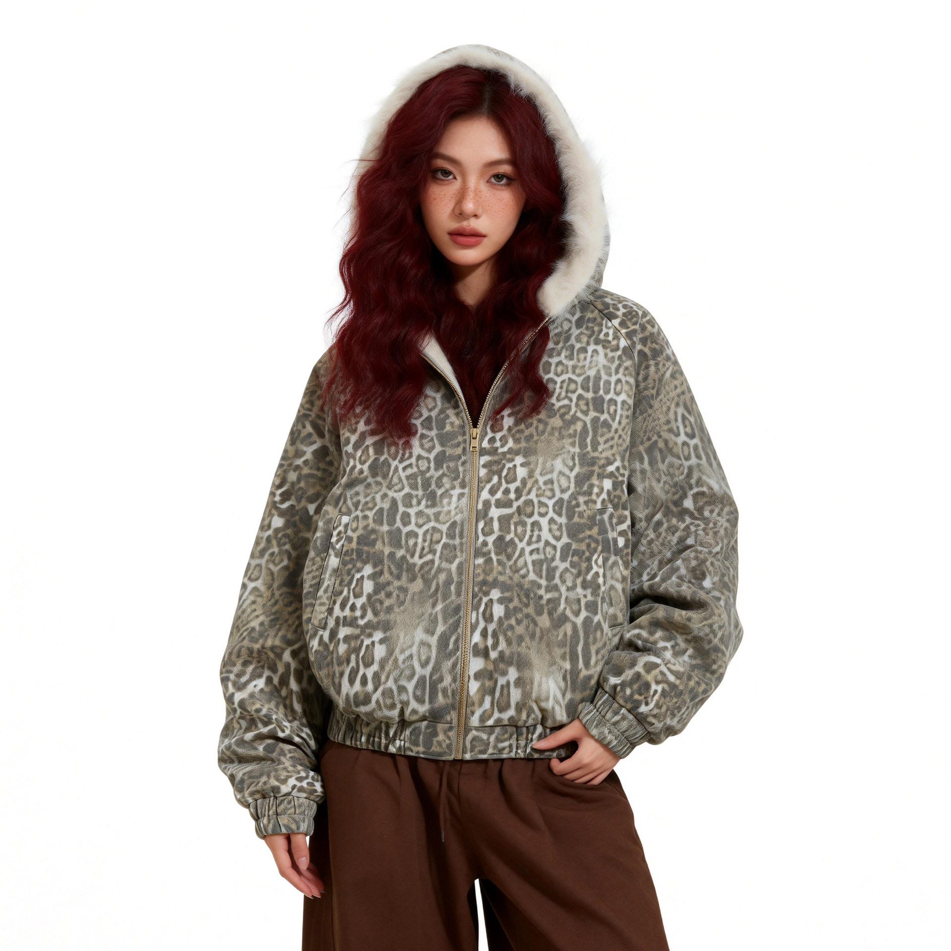 OREETA丨国潮复古豹纹连帽棉服男女可穿冬季情侣座山雕短宽外套,男装,棉衣,淘宝优惠券,粉丝福利购,淘宝优惠卷