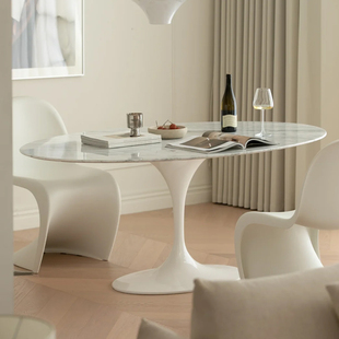 法式 轻奢设计师洽谈桌天然大理石餐桌 极简郁金香椭圆形中古风意式
