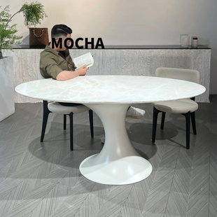 法式 现代极简风椭圆形餐桌复古轻奢客厅家用别墅高档大理石餐桌