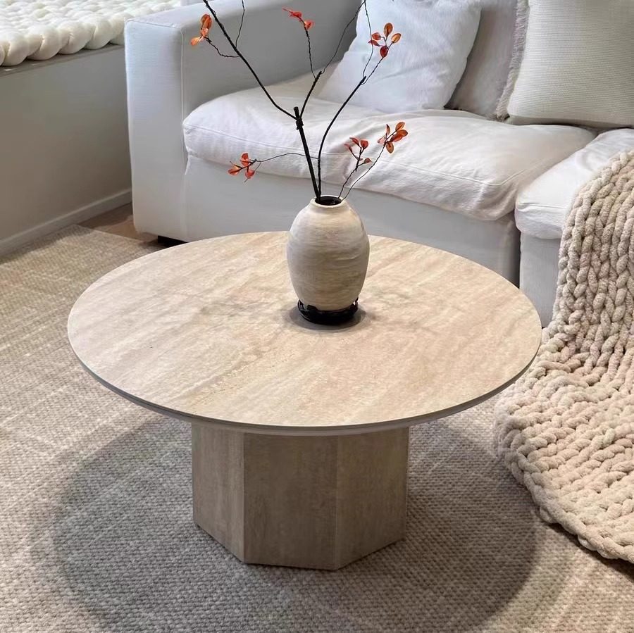 北欧侘寂风法式圆形岩板茶几ins奶油风天然洞石桌网红大理石客厅