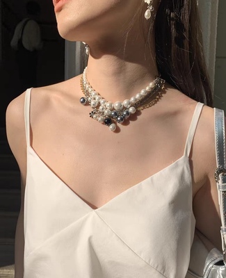 《黑加仑叶》贝壳珍珠项链套装叠戴多层黑白个性优雅百搭锁骨链