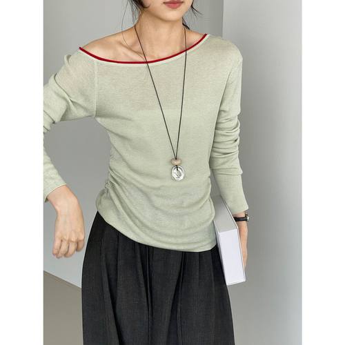 那末早秋6羊毛斜肩撞色针织衫女慵懒风温柔修身百搭套头上衣Y1219