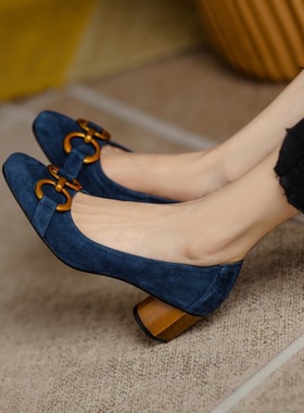 蓝色方头浅口单鞋女2023年新款春款女鞋法式高跟鞋女磨砂金属粗跟