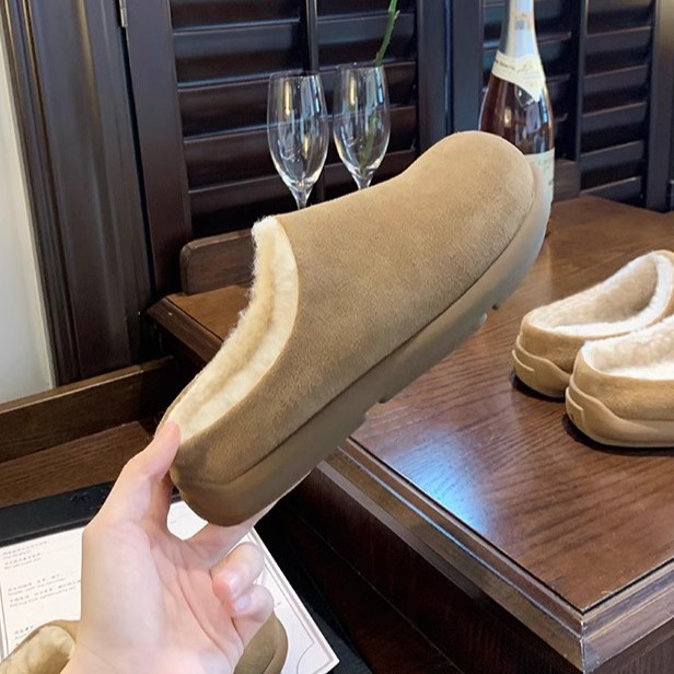 葡萄妈同款 秋冬棉鞋加绒毛毛鞋保暖一脚蹬勃肯半拖雪地靴女真皮