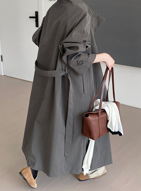 那末 高定系列 经典廓版收腰风衣女春秋翻领灰色长款气质外套2127