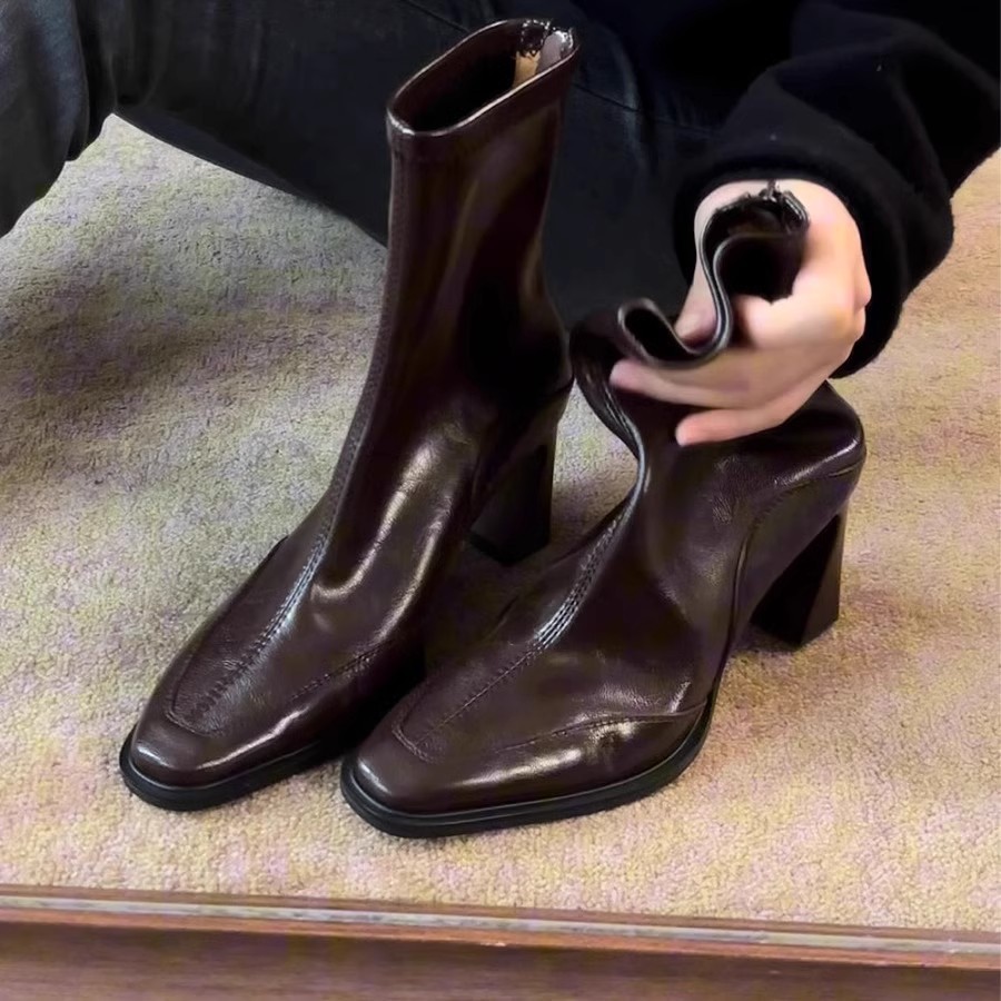 牛皮版 韩版小方头粗高跟气质瘦瘦靴法式复古马丁靴弹力靴子