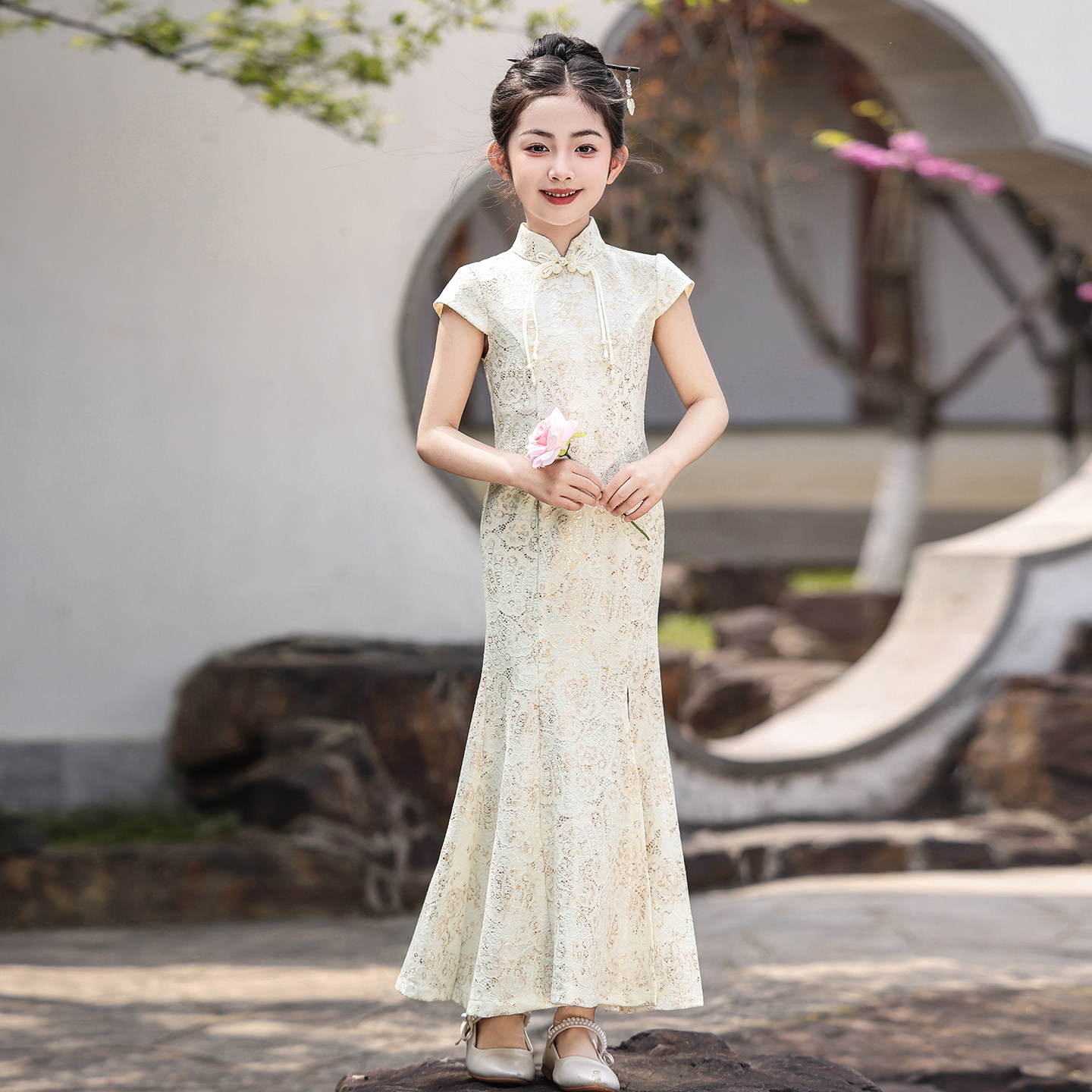 新中式儿童旗袍古筝演出服女童唐装高端国风礼服女孩鱼尾连衣裙夏