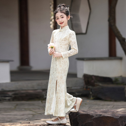 国风礼服女大童长袖鱼尾连衣裙