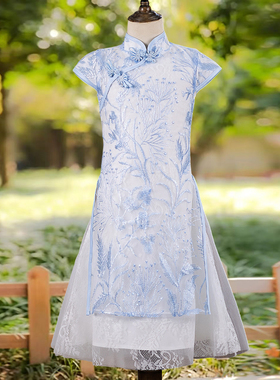 新中式女童旗袍2026新款淡蓝色国风汉服连衣裙儿童古筝演出服夏季