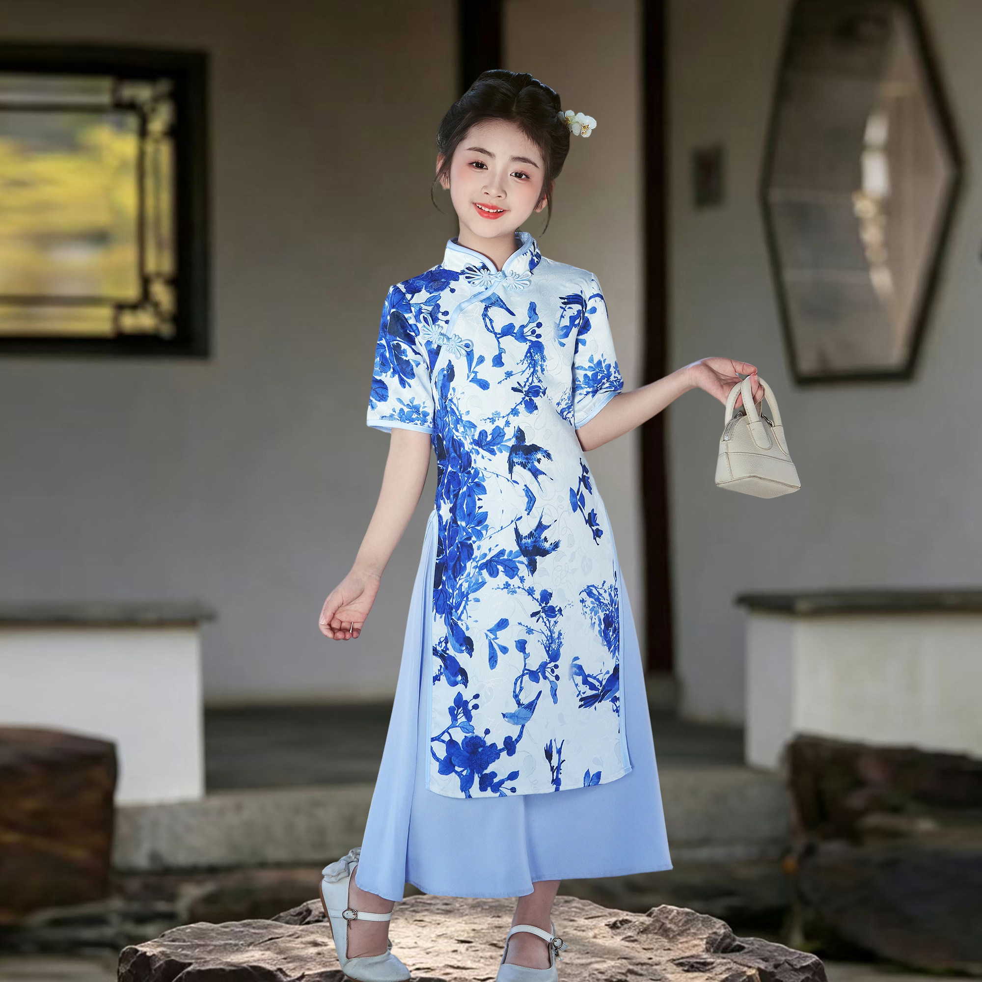改良青花瓷女童旗袍连衣裙图片