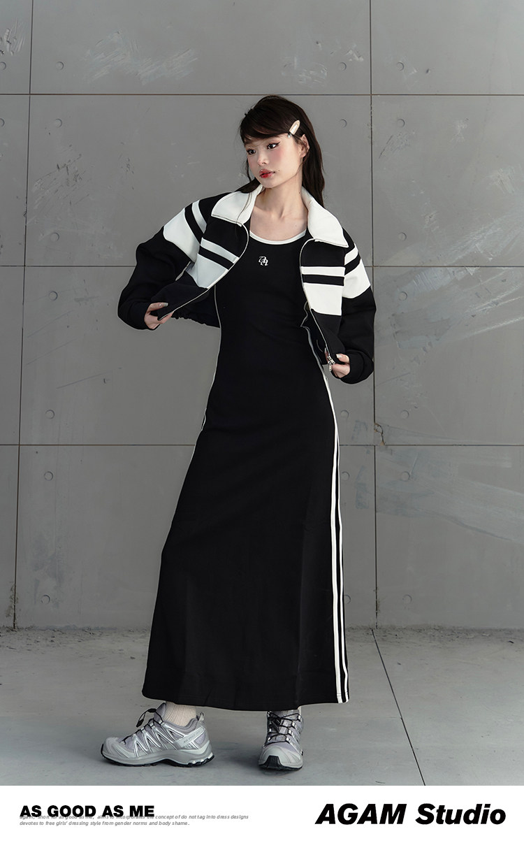 运动吊带裙女春秋新款时尚显瘦条纹撞色休闲棒球服外套两件套夏季