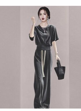 盐系时尚运动服套装女夏季新款宽松韩版高级感短袖长裤休闲两件套