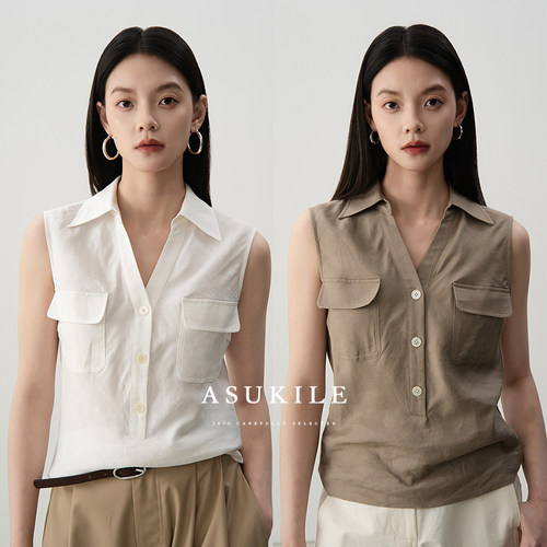 【城市旅人】ASUKILE 亚麻衬衫式轻薄款透气翻领单穿气质马甲女