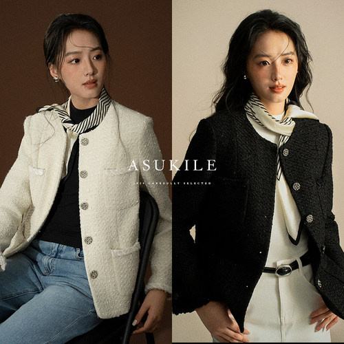 【白鹿原】ASUKILE上心 粗花呢精纺羊毛圆领加厚小香风外套女秋冬