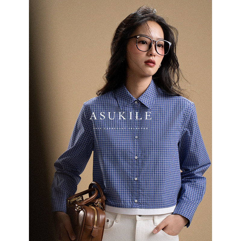【miu里miu气】ASUKILE上心深蓝格子衬衫短女小个子显高薄款衬衣