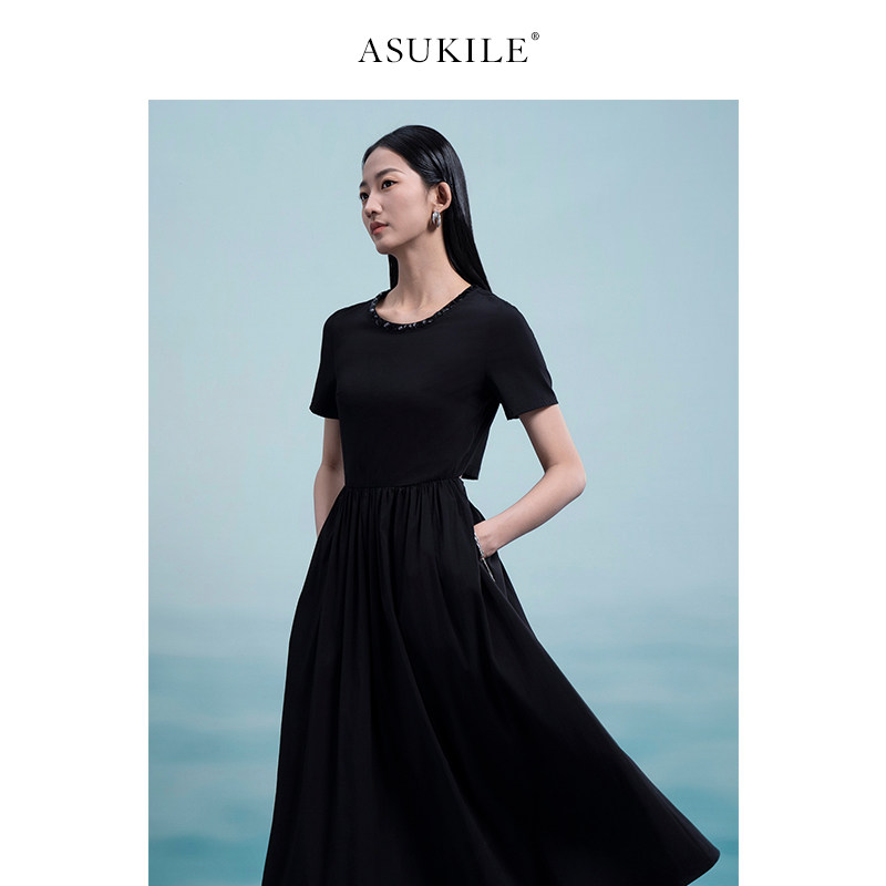 【月影】ASUKILE上心 黑色圆领后腰镂空长款连衣裙女夏