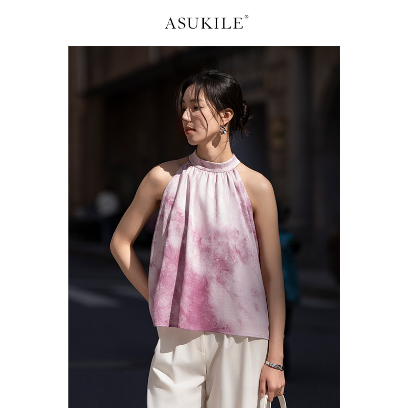【绯红少女】ASUKILE 紫色无袖独特绝美挂脖吊带露肩上衣
