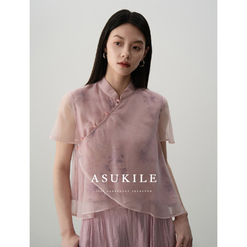 ASUKILE【玉脂胭】紫色新中式国风欧根纱小衫女短袖衬衫雪纺衫