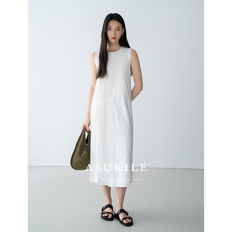 【馥郁白茶】ASUKILE上心 白色长款过膝直筒无袖圆领连衣裙女夏