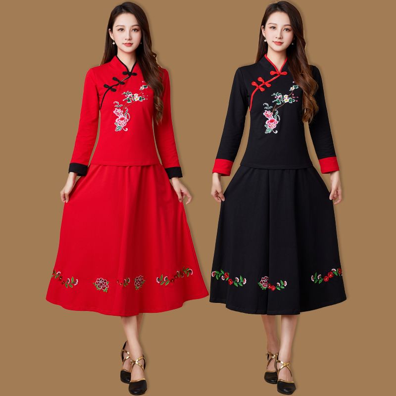 广场舞服装套装新款女绣花舞衣长袖棉两件套民族风团队舞蹈衣服