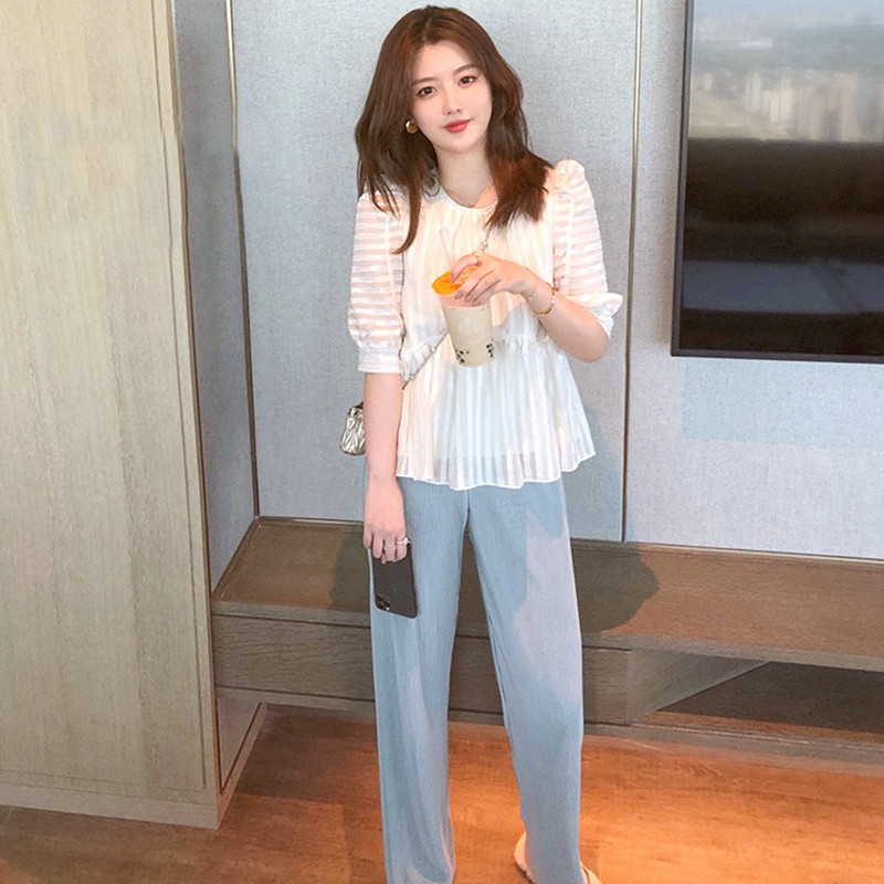 출산 여름 얇은 아우터 와이드 팬츠 여름 쉬폰 반팔 탑 베이비돌 하이엔드 슈트