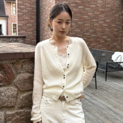 .G-盈蓬松马海毛别致单排扣插肩宽袖针织开衫（含23马海毛）26221