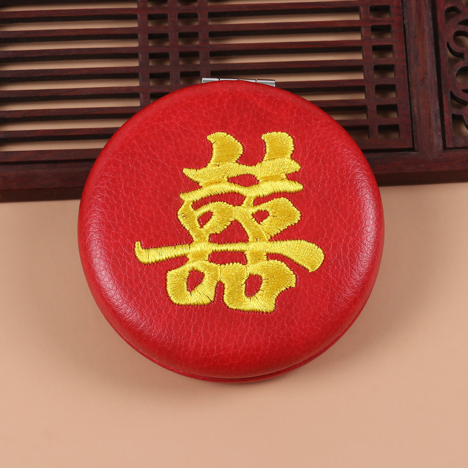 结婚镜子刺绣喜字双面随身镜红色镜子陪嫁婚礼用品嫁妆新娘化妆镜