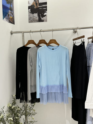 2026春夏新款韩版休闲设计感拼接网纱长袖T恤女宽松显瘦百搭上衣