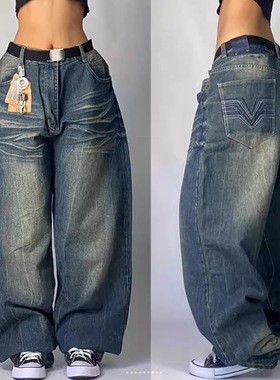 跨境欧美潮牌JNCO嘻哈刺绣大口袋牛仔裤男女y2k高街拖地阔腿裤子