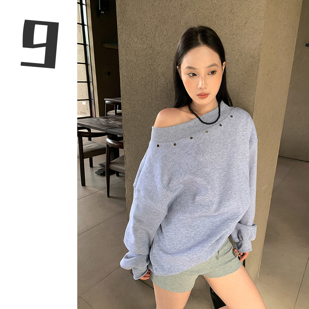 [9hour]甜辣风斜肩卫衣女 2024金属扣设计感长袖露肩上衣女m11150