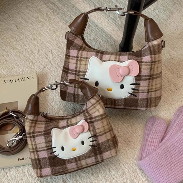 复古格子女包HelloKitty可爱毛毡包2025新款日韩女生手提单肩包包