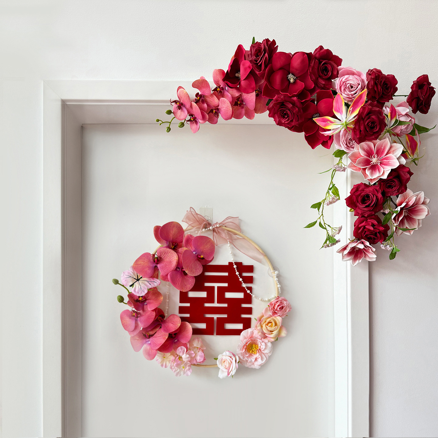 婚房布置仿真花环喜挂饰套装小红书同款结婚房门仿真角花卧室装饰