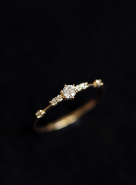 惊小鸿 悦己～S925纯银镀14K黄金7颗小碎钻极纤细精致小清新戒指