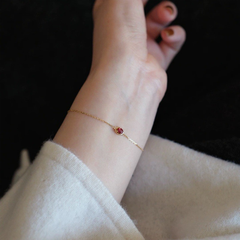 惊小鸿S925纯银镀14K金红宝石锆石手链女 纤细链条轻奢时尚手饰