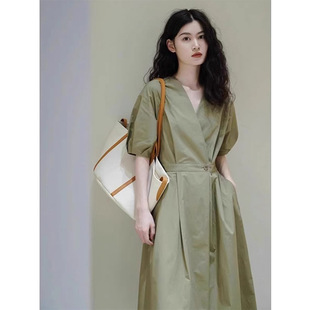 2025夏季大码法式绿色胖mm连衣裙女衬衫裙气质穿搭收腰裙子2583.