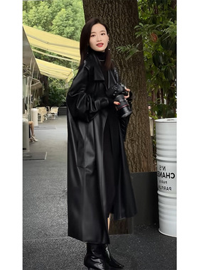 秋冬新款大码女装英伦风皮衣外套胖mm长款网红pu皮大衣25161