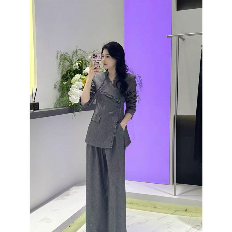早秋新款大码女装御姐风西装套装女胖mm设计感阔腿裤两件套25113