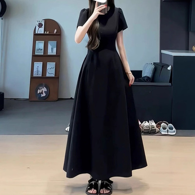 大码女装黑色连衣裙女胖mm2025夏季新款赫本风复古小黑裙AA2527