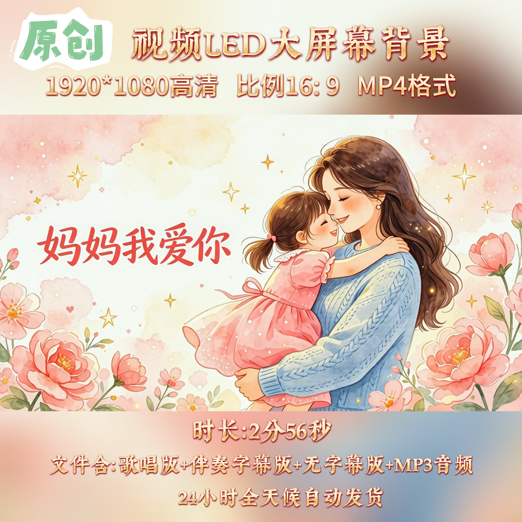 原创视频-妈妈我爱你儿歌李昕融歌曲伴奏舞台led背景视频素材