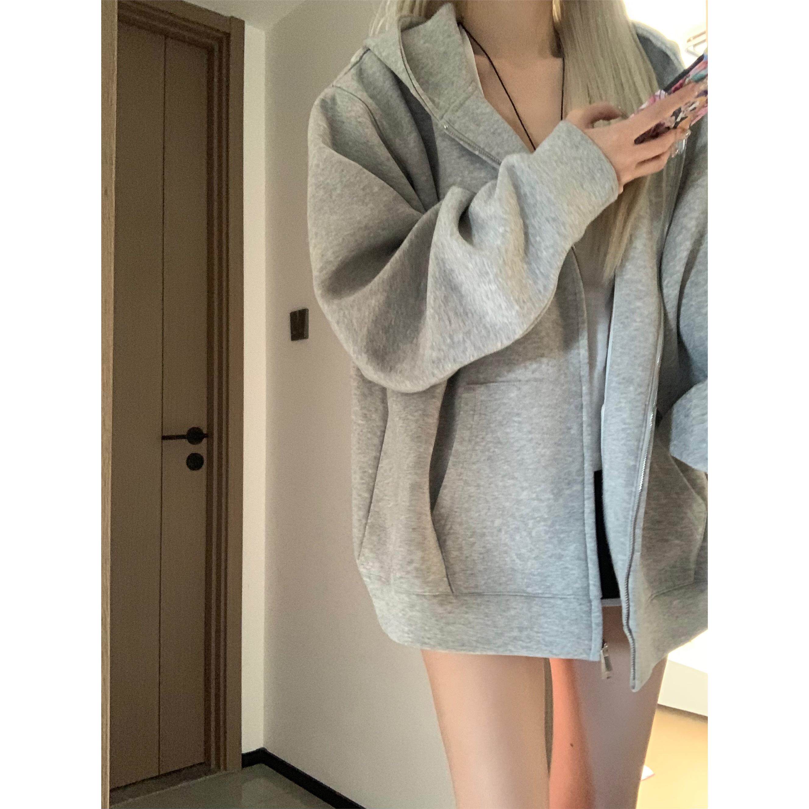 021ope你会穿n次 连帽卫衣外套灰色开衫女春秋休闲宽松韩系慵懒风