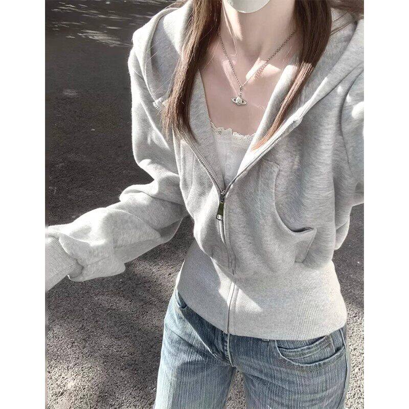 开春灰色连帽卫衣外套女早春季新款加绒修身短款收腰上衣穿搭开衫