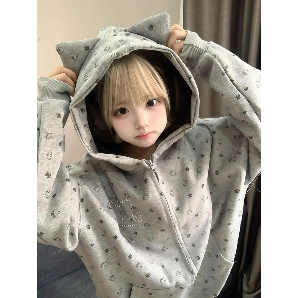 美式满印kitty猫钉珠连帽卫衣女秋冬加绒加厚小众别致开衫外套潮
