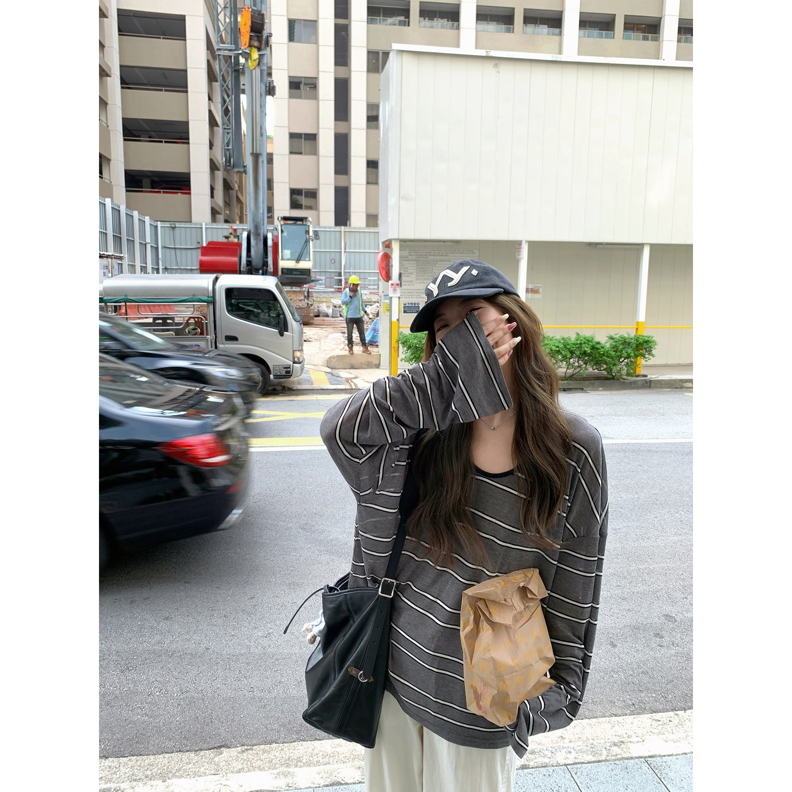 杭楚-韩版宽松慵懒风休闲松弛气质上衣条纹长袖T恤女夏季YS3-2133