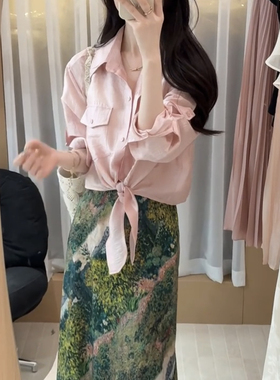 怡熙-慵懒风系带衬衫+莫奈花园风格印花修身显瘦半身裙两件89088
