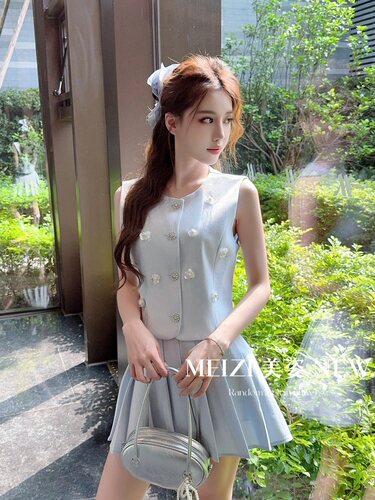 特价【MEI ZI 美姿】法式洋气减龄甜美重工花马甲+裙套装  66090