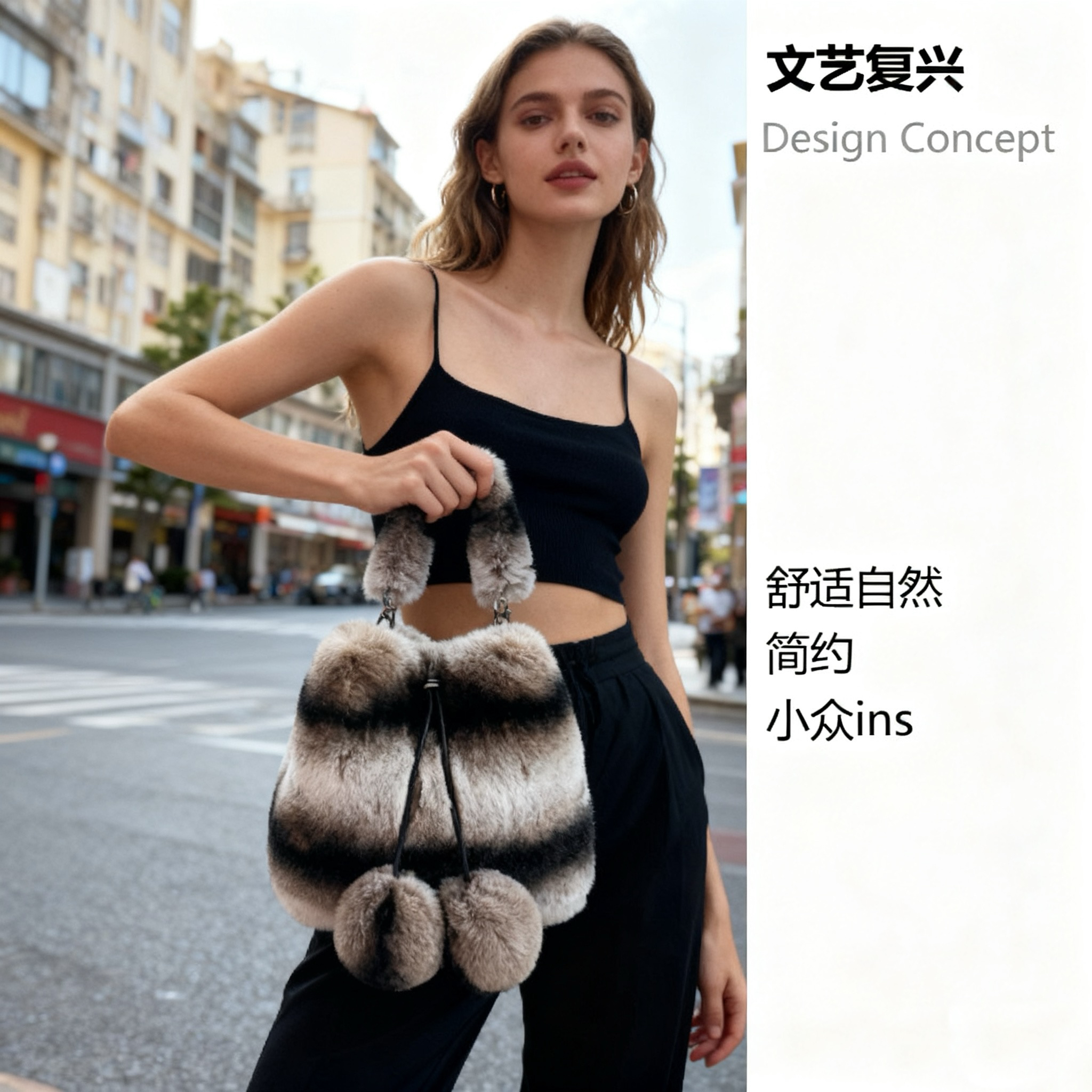 撞色獭兔毛包包单肩斜挎时尚百搭