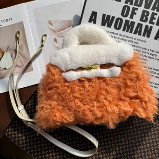 潮流高级感 皮草包女士手提包时尚 撞色獭兔毛羊羔毛凯莉包冬季 新款