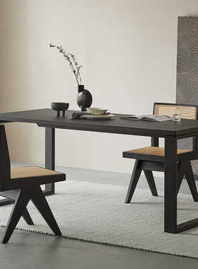 莫比恩白蜡木实木餐桌黑色大板桌长方形侘寂风家用书桌